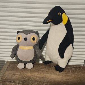 Gray and Black Plush Owl and Penguin Set